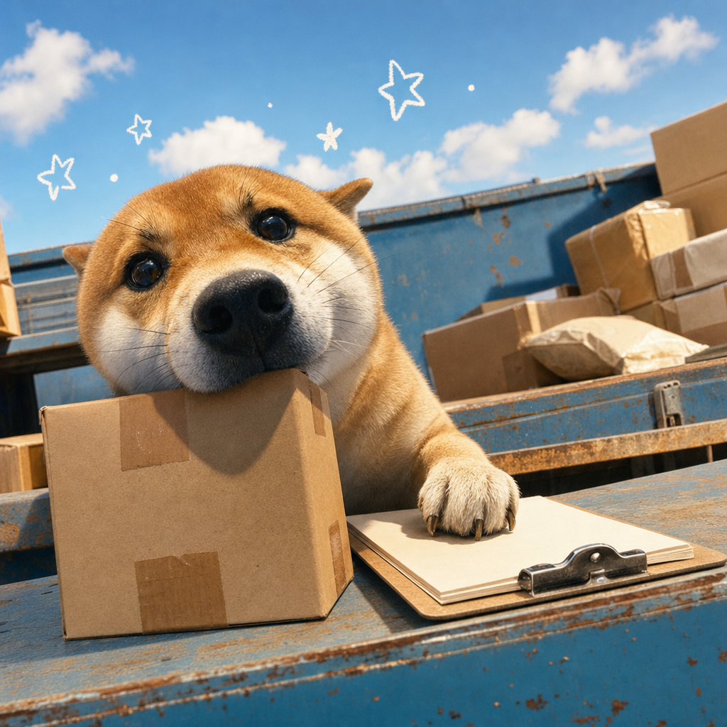 Snoot resting his chin on a cardboard parcel, one paw on a clipboard, in a blue truck bed full of deliveries